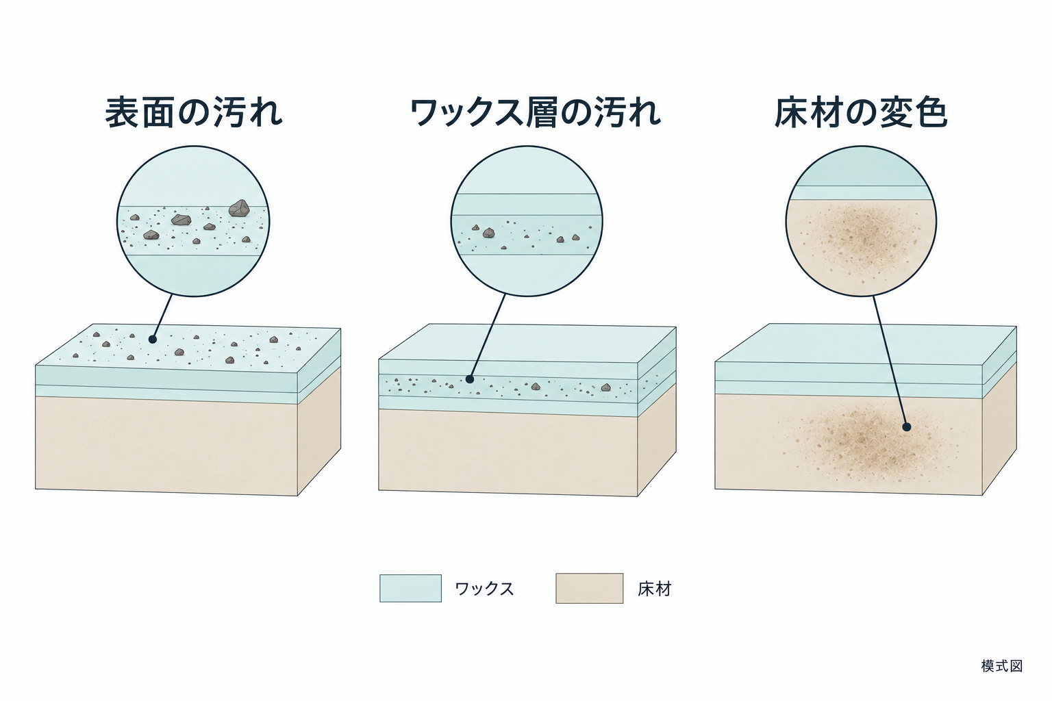表面・ワックス層・床材の内部で、汚れの位置が異なることを示す図